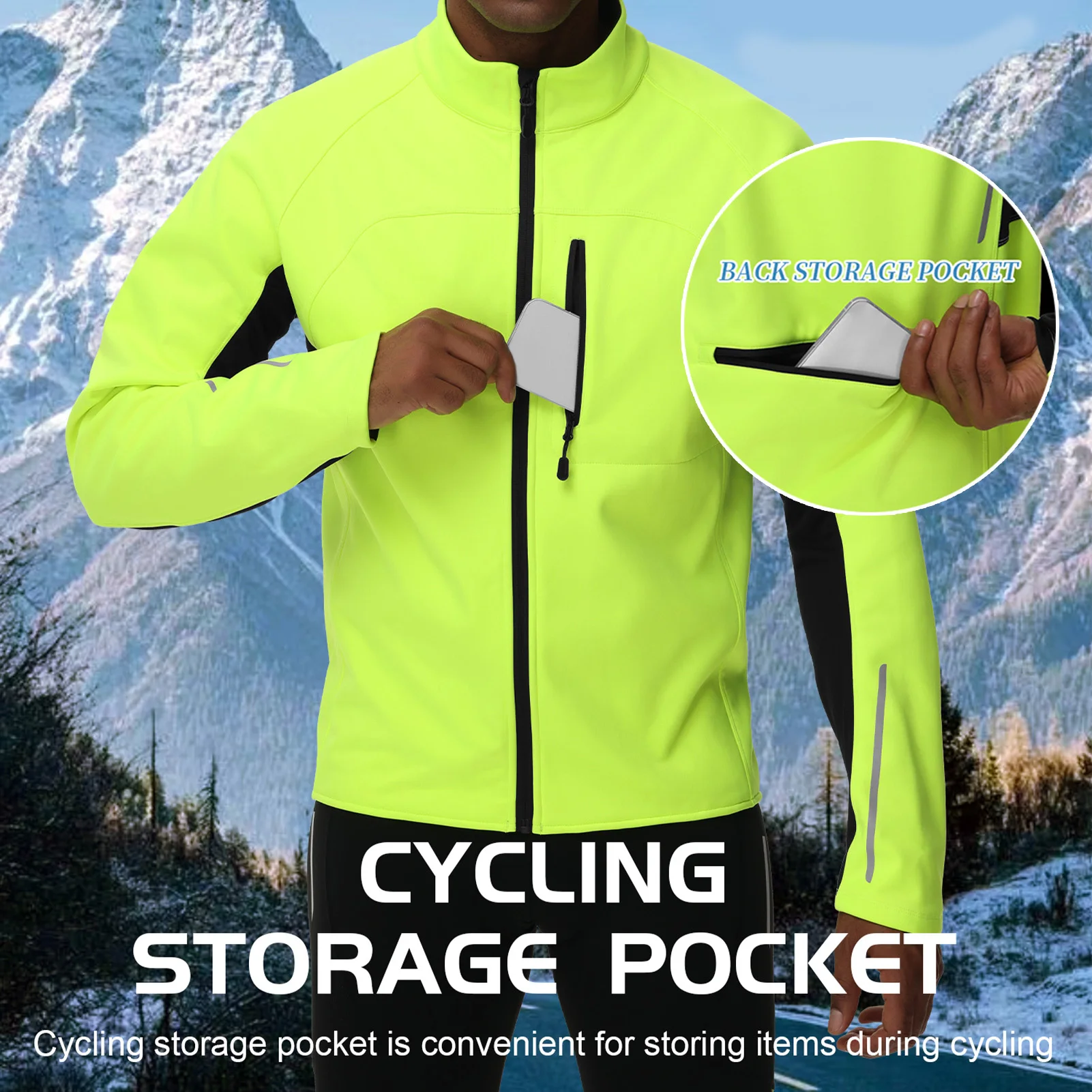 

Men Cycling Jacket Windproof Soft Shell Warm Fleece Lining Multiple Pockets Winter Jacket with Reflective Detailing