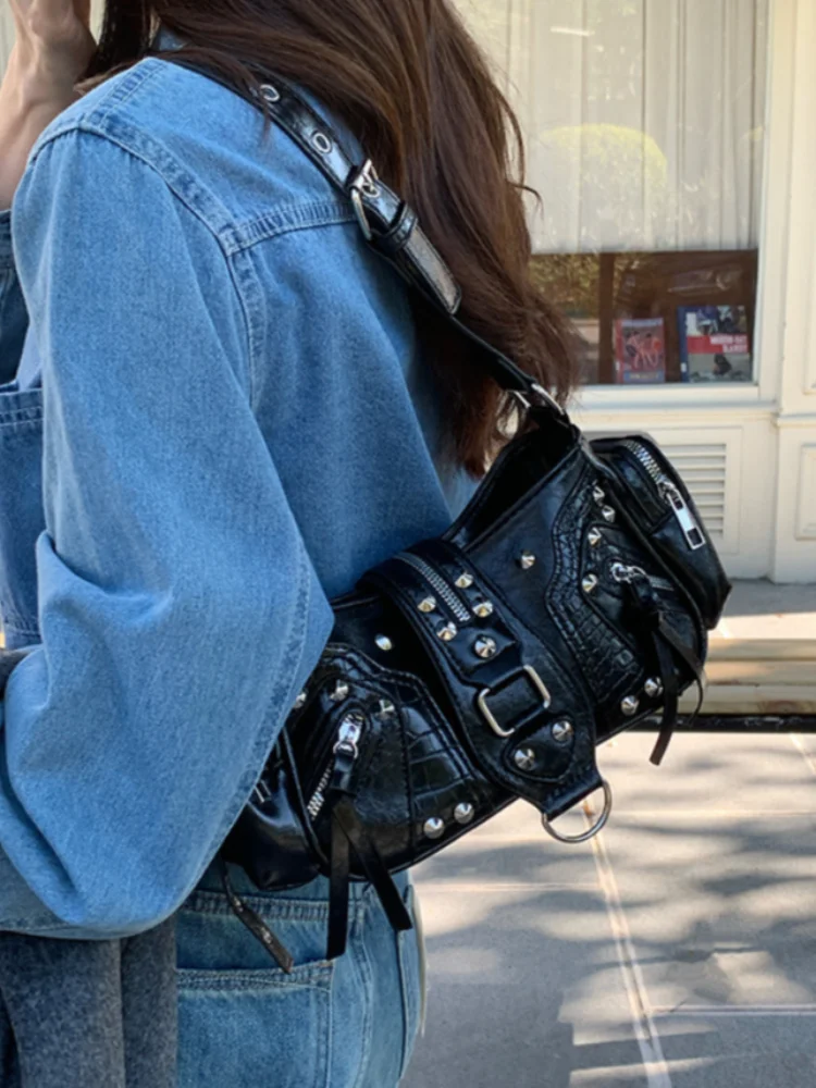 2026 Trendy Women Black Shoulder Bag Female Fashion Small Vintage Handbag Motor Style Retro Grunge Handbags Ladies Punk Purses