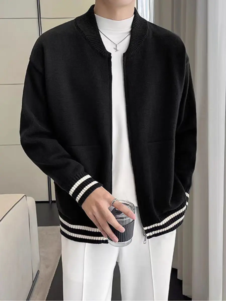 سترة رجالية كاجوال محبوكة بياقة بيسبول مفتوحة، كارديجان عصري بألوان متباينة ومخطط بأكمام طويلة وفضفاضة للربيع والخريف #5