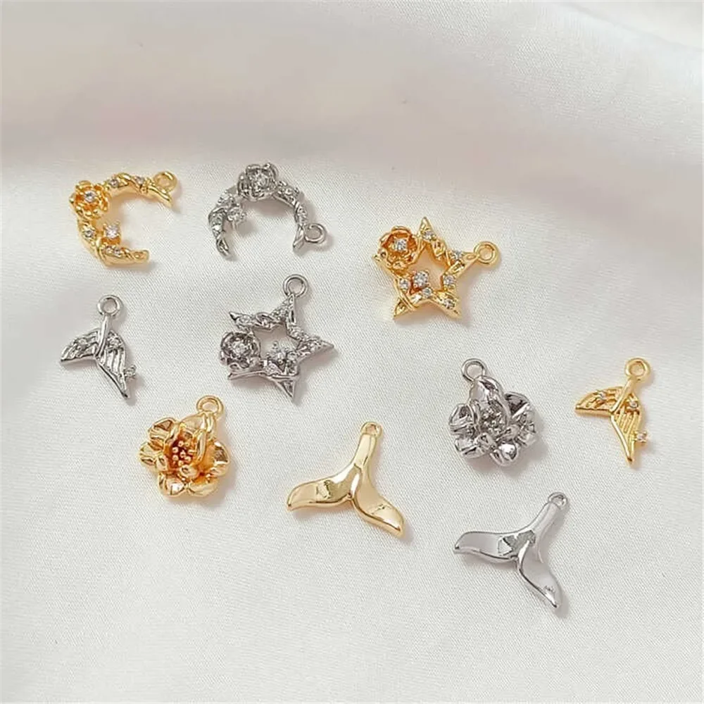 Pendentif lune étoile à cinq branches en forme de fleur de queue de poisson en or véritable plaqué cuivre 14K, bracelet à bricoler soi-même fabriqué à la main, pendentif de bijoux de collier