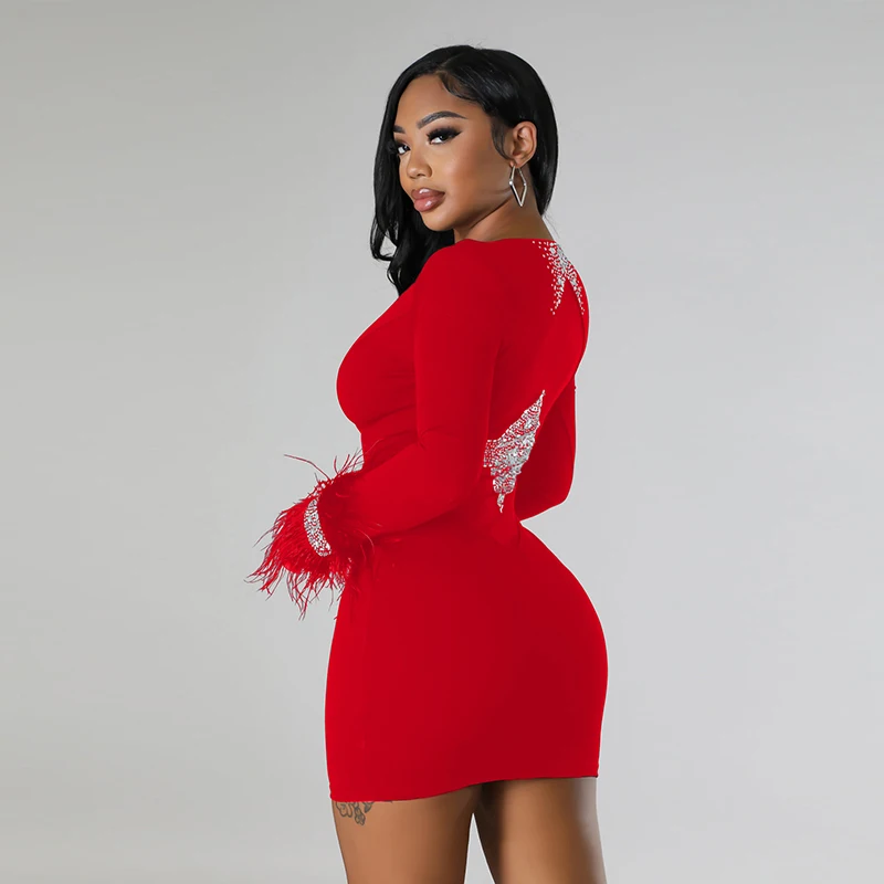 Female Clothing Evening Dress Sexy Mesh Patchwork Tight Mini Skirt Women\'s Feather Long Sleeved Perspective Birthday Dress Luxur