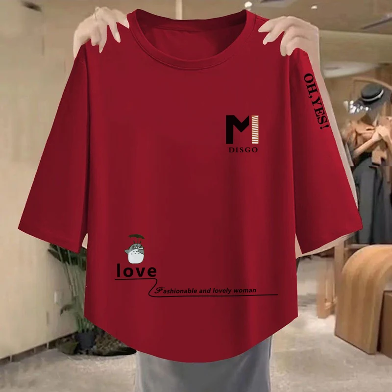 Simple Casual ort Sve round Ne T-irt Faionable Korean Sle Seven-Quarter Length Versatile Spring Summer New Arrival