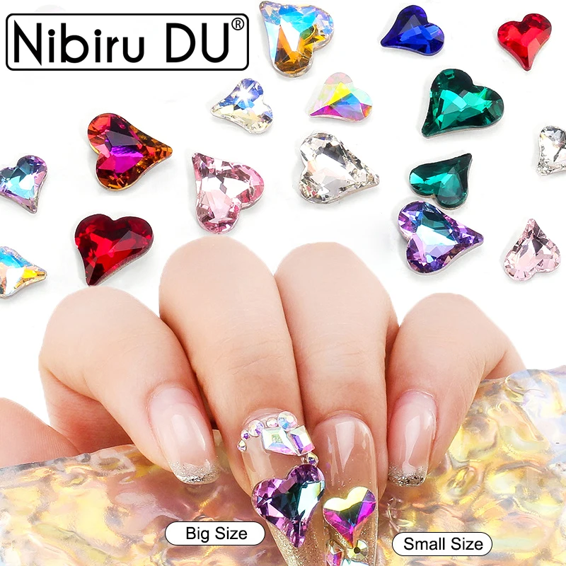 100Pcs Nail Art Rhinestones Decoration Pointed Bottom Crooked Heart Glass Crystal 8*8mm 3D Manicure DIY Accessory