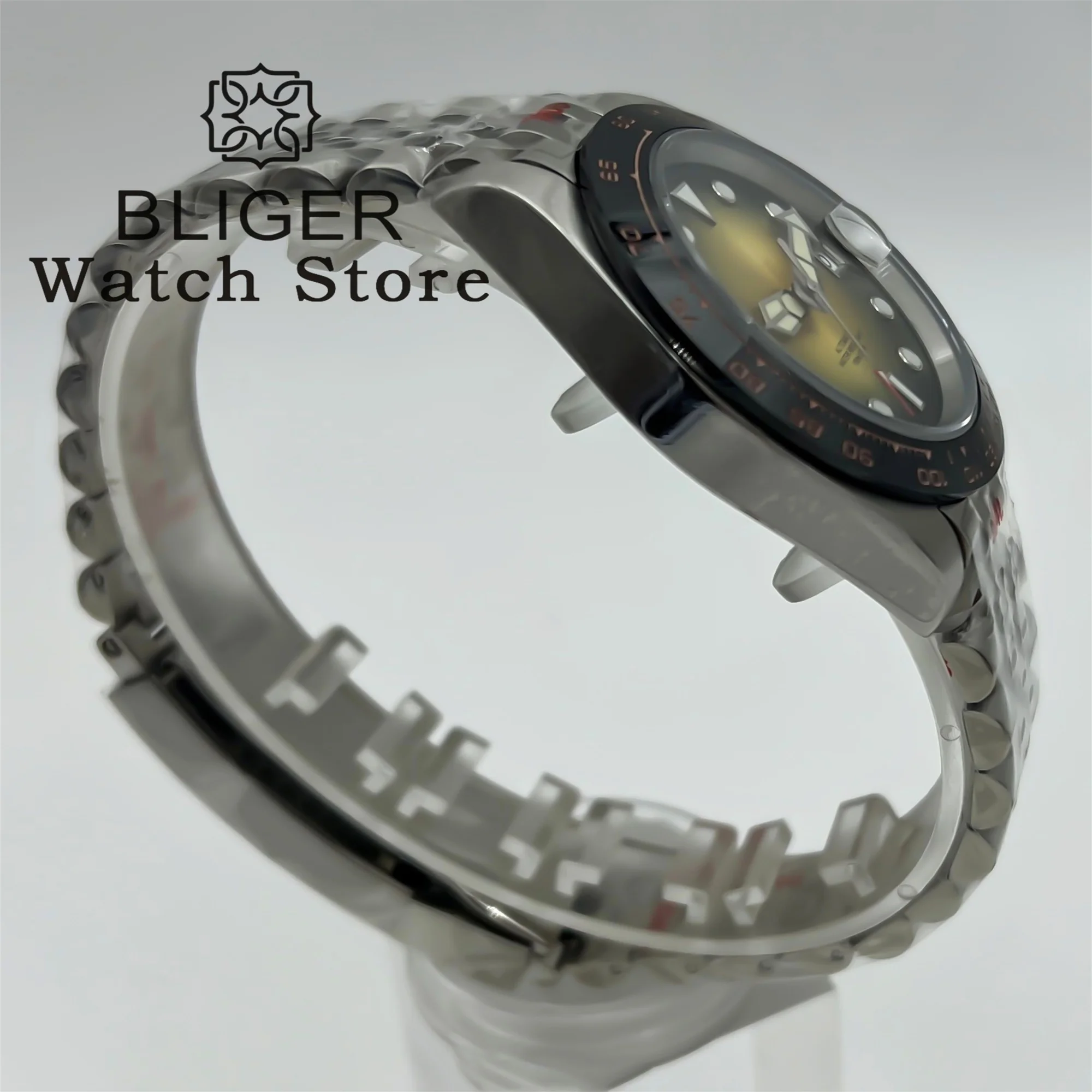 BLIGER 40mm NH35A Automatic Mechanical Diving Watch For Men Ceramic insert Gradient Yellow Dial Sapphire Glass Steel bracelet