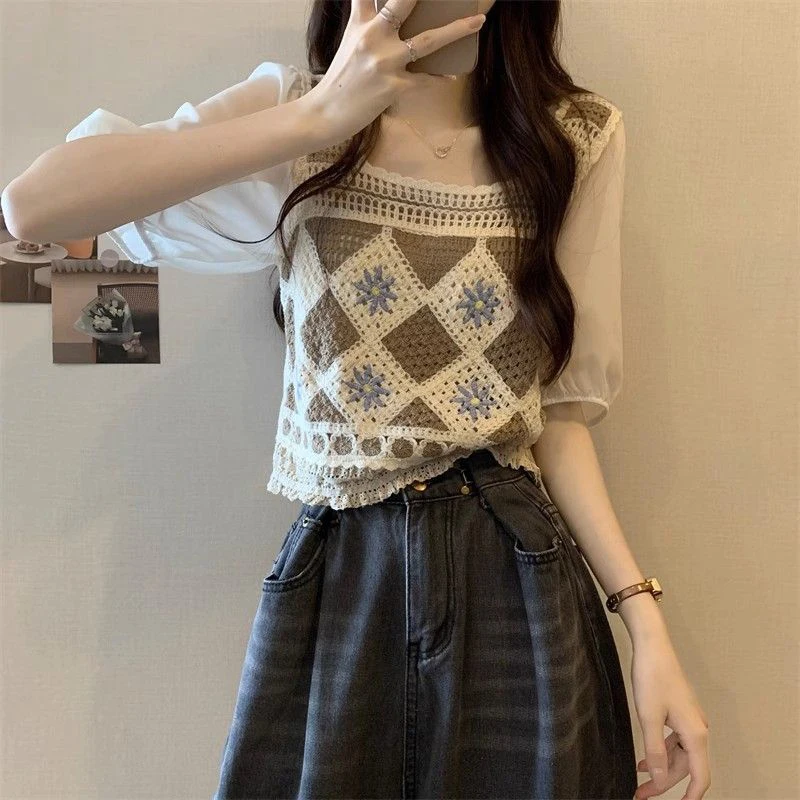 Chiffon Flower Knitted Flower Summer Hollow Out Short Sleeve Women T Shirts O Neck Fashion All-match Sweet Oversized Crop Tops