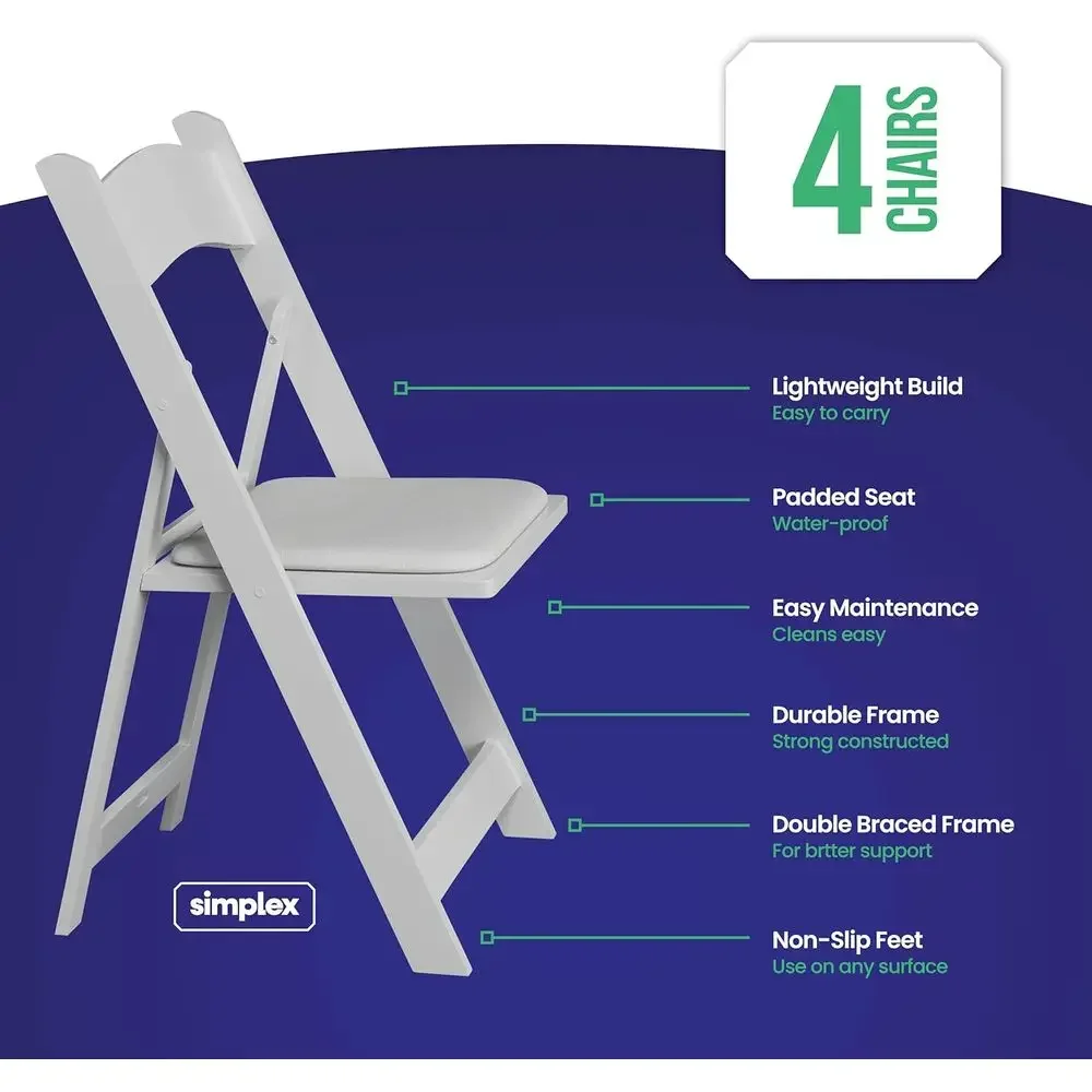 Stackable Resin Chairs with Padded Seats - Comfortable Outdoor/Indoor White Chairs (4 Pack)
