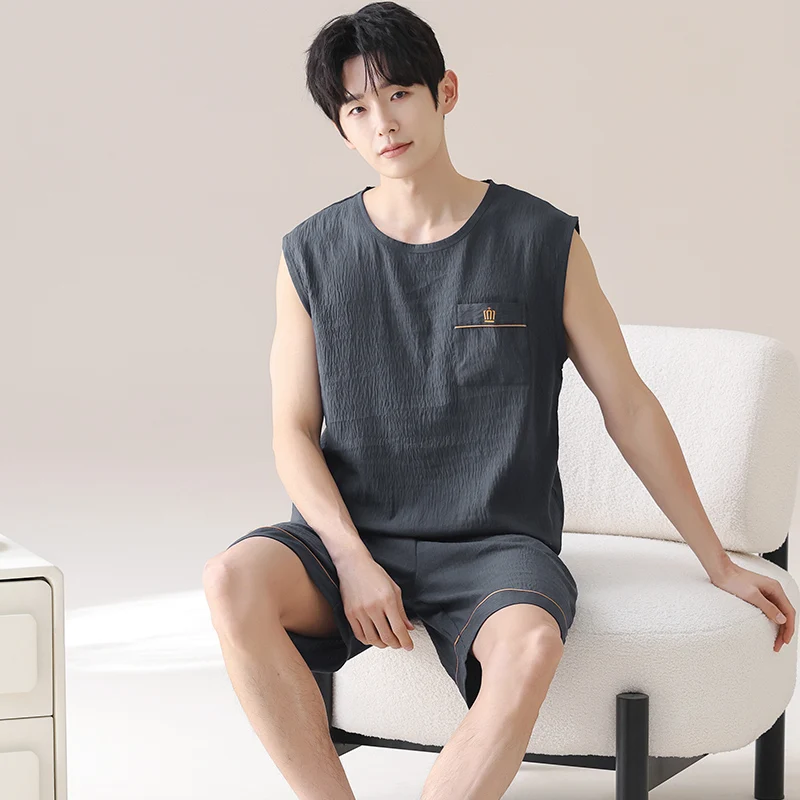 

Новый мужской комплект пижам: летний, легкий, хлопковый, облегающий жилет, спортивный, повседневный, семейный, для отдыха на природе, свободный топ, дышащий.