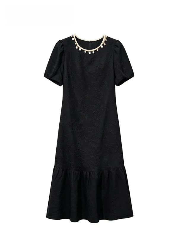Fashionable Casual Short Sleeve Dress Women plus Size Summer New Style Elegant Skirt City Walk Lace Embroidery Bubble Sleeve