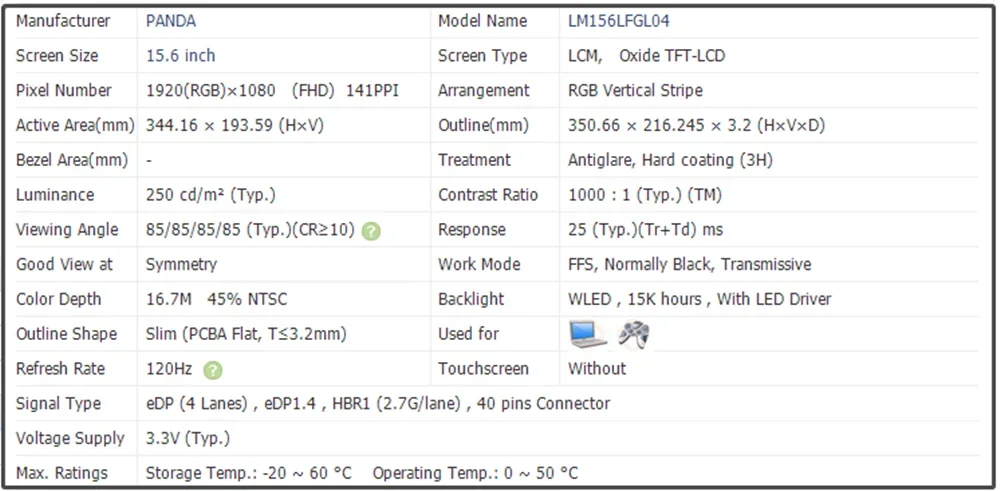 شاشة LCD 15.6 بوصة LM156LFGL04 لوحة كمبيوتر محمول رفيعة EDP 40Pins IPS FHD 1920x1080 120 هرتز 45% NTSC