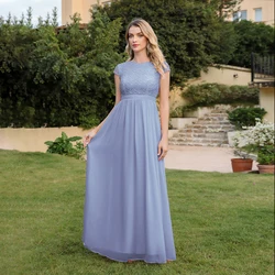 Chiffon Short Sleeves Evening Dress Hollow Out Lace O-Neck Party Dress Slim Empire A Line Floor-Length Wedding Bridesmaids Gown