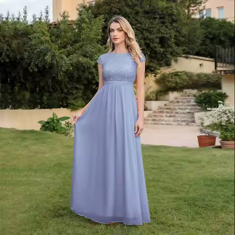 Chiffon Short Sleeves Evening Dress Hollow Out Lace O-Neck Party Dress Slim Empire A Line Floor-Length Wedding Bridesmaids Gown
