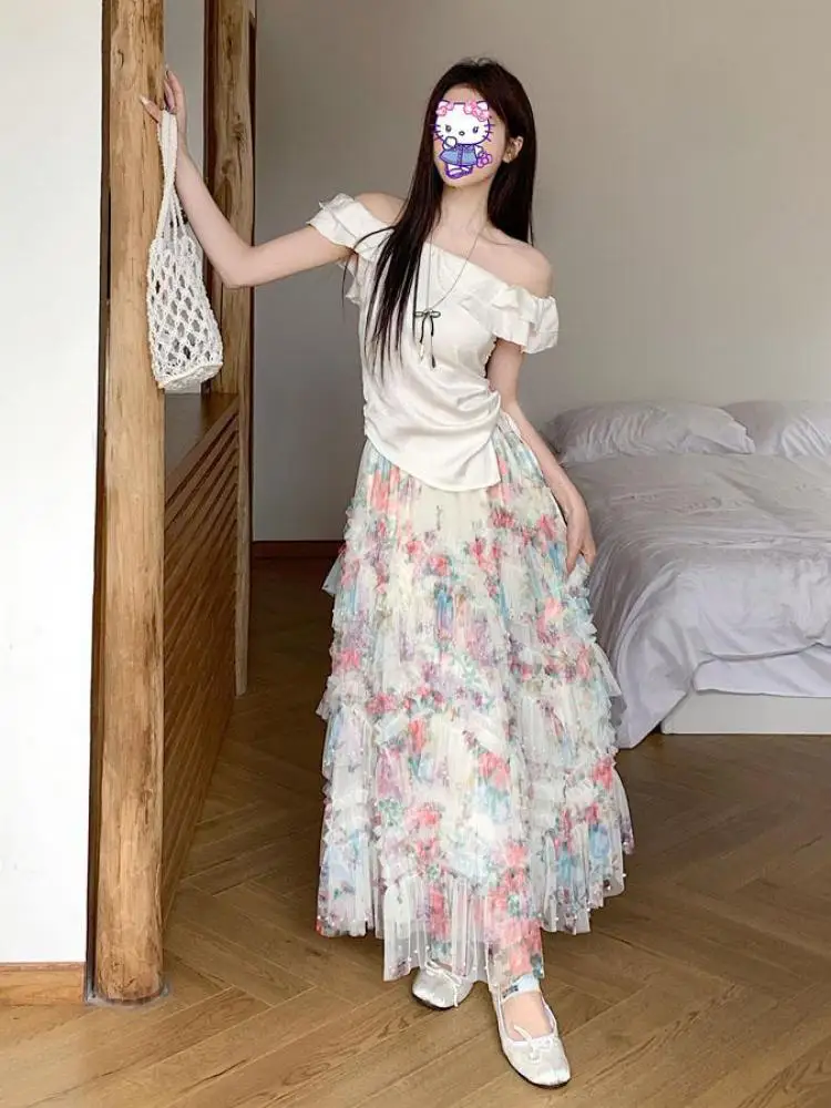 

Весна-лето, винтажные бежевые принты в стиле пэчворк, жемчужная сетка, элегантные длинные юбки, французские женские вечерние плиссированные юбки с высокой талией, богемная