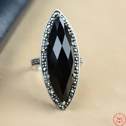 S925 Sterling Silver Charms Rings for Women Men Tangent Plane Black Agate Micro Marcasite Fashion Argentum Jewelry Wholesale