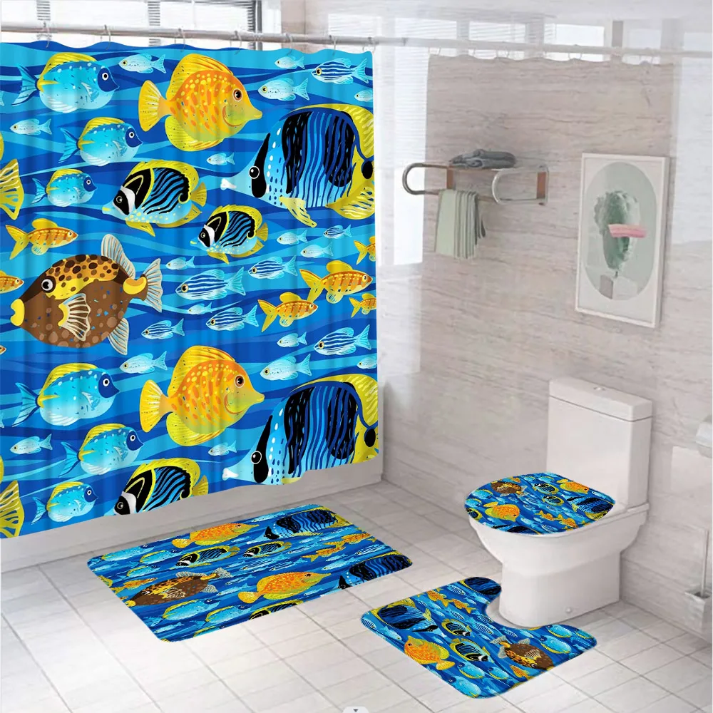 

4Pcs Watercolor Fish Shower Curtain Set With Non-Slip Rug Toilet Lid Cover Bath Mat Blue Ocean Animal Cloth Bathroom Screen Home