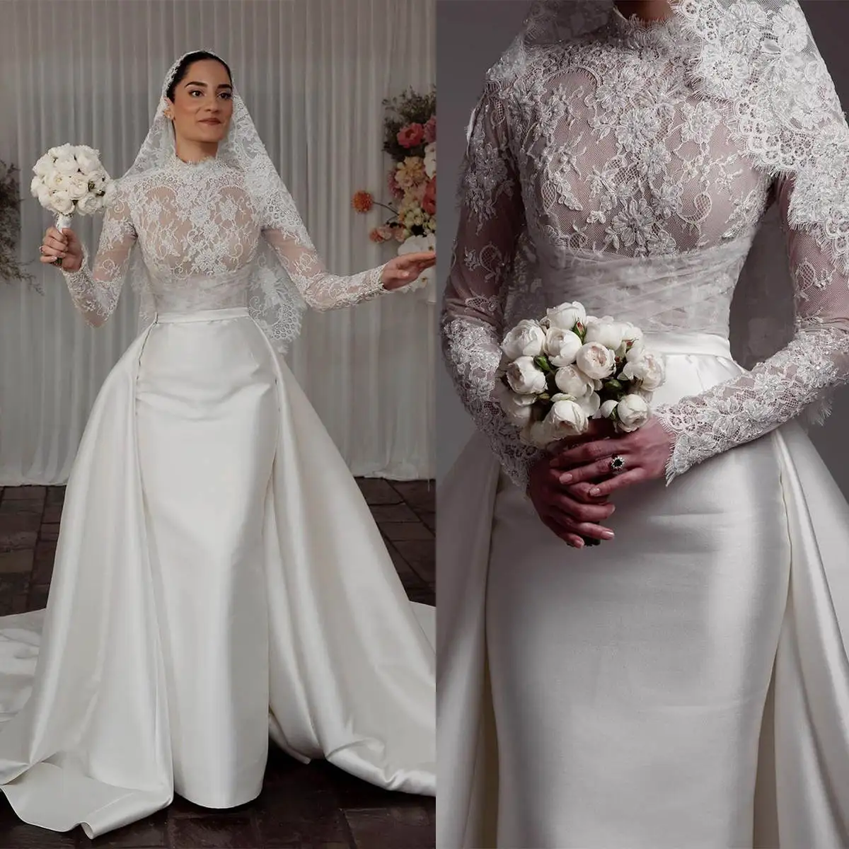 

Graceful Mermaid Bridal Gowns Lace Applique High Neck Wedding Dress with Overskirts Custom Made Long Sleeve Vestido de novia