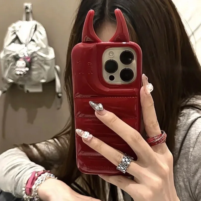 Creative Evil Horns Down Jacket Phone Case For IPhone 16 15 14 13 12 Pro Max INS Devil Glossy Influencer Soft Silicone Cover