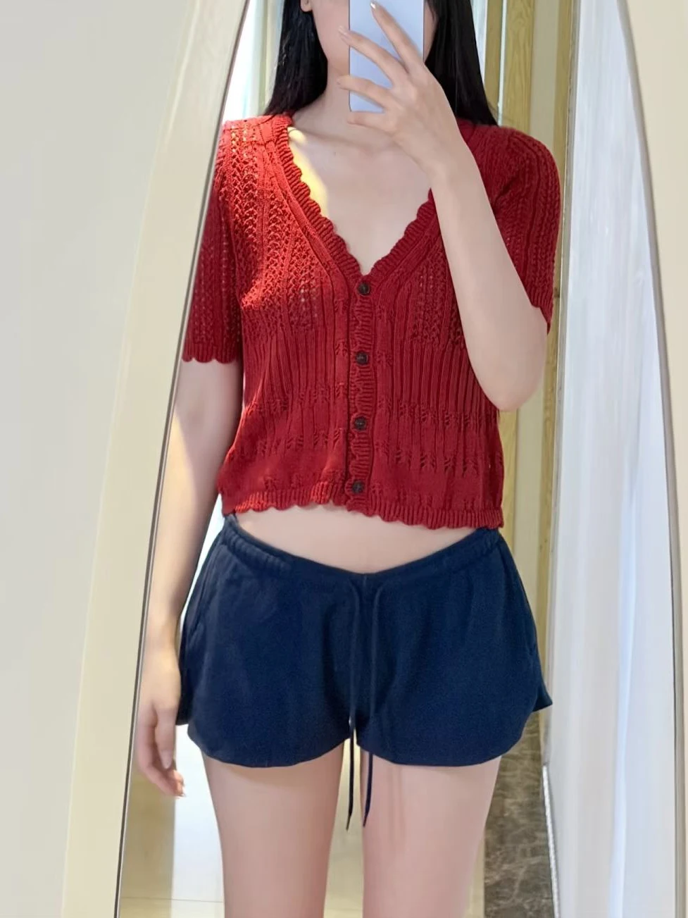 Hollow Out Knitted Crop Top Woman Autumn V-neck Single Breasted Short Sleeve Cropped Tees Female Red Casual Thin Cardigan Tops