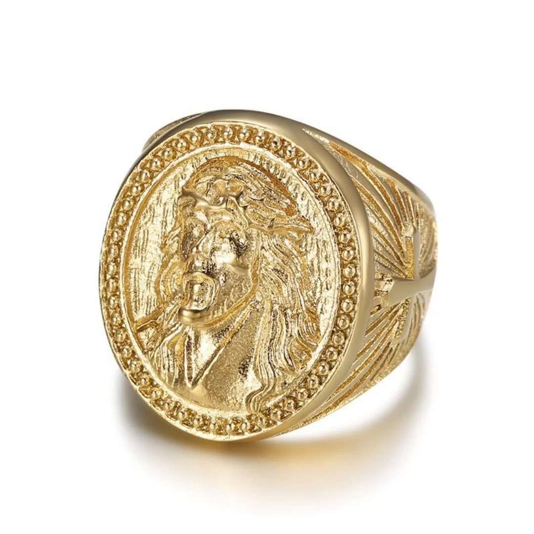 

Men's Jesus Head Ring 23mm Chunky Gold Color Stainless Steel Large Oval Christian Rings for Man Religious Jewelry High Quality