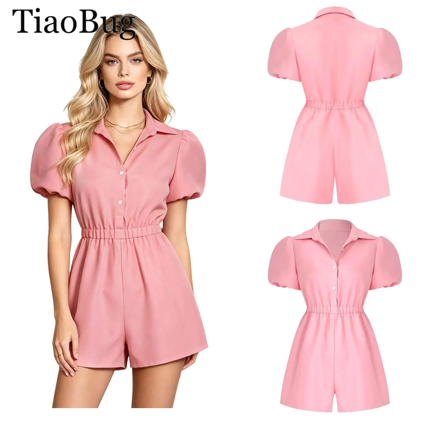 Fashion Women Office Casual Rompers Short Puff Sleeve Lapel Front Button-down Elastic Waist Shorts Bottom Jumpsuit Work Vacation