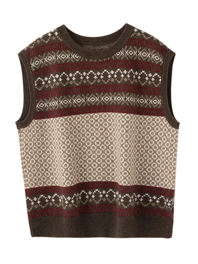 

Women 100% Cashmere Sweater Vests Fair Isle Jacquard O-neck Pullover Autumn Winter Vintage Classic Knitwear Sleeveless Waistcoat
