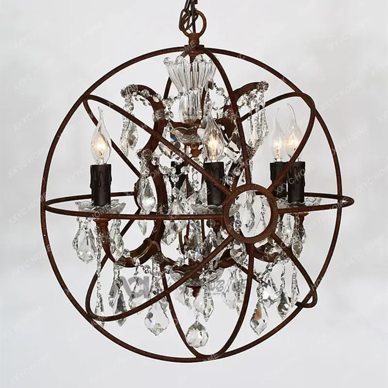 

Retro American Country Candle Globe Crystal Chandelier Industrial Style Wrought Iron Church Stairwell Living Room Decoration