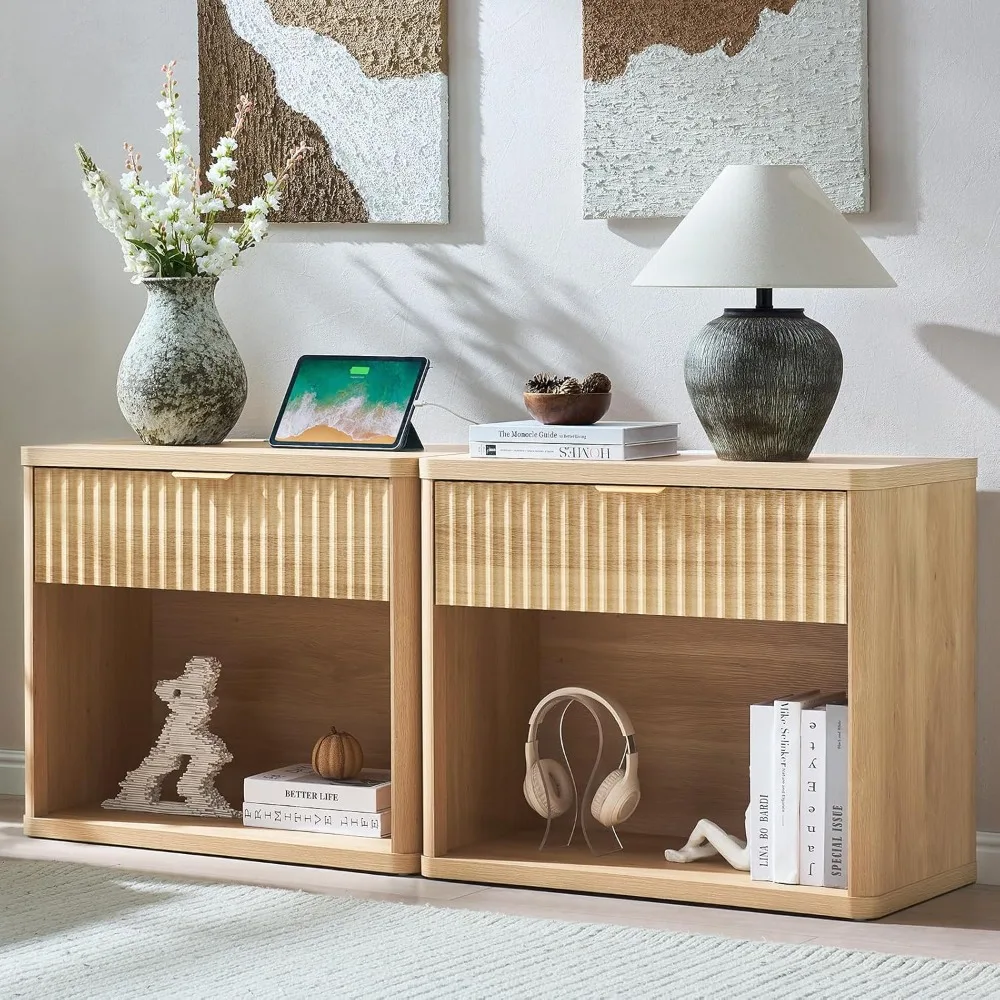 

31 Wide Fluted Nightstand Set of 2 with Charging Station, Oversized Extra Large 1 Drawer Night Stand with Golden Handle