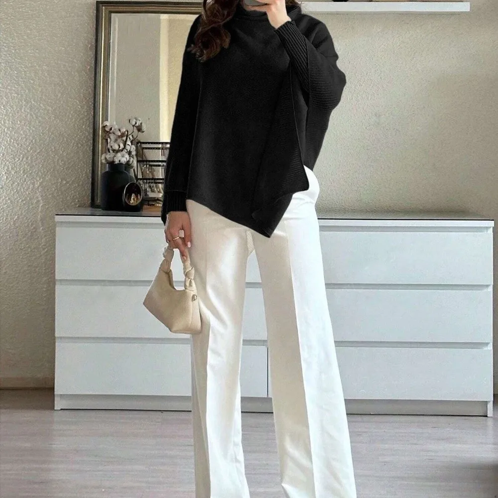 Irregular Hem Knit Poncho Sweater Solid Color Soft Shawl Pullover Top Loose Fit Long Sleeve Casual Knit Tops Casual Daily Wear
