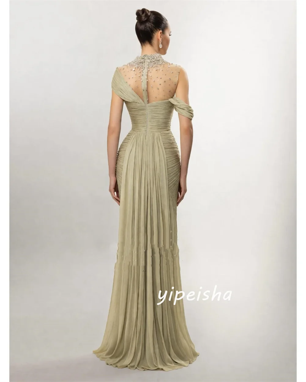 

Customized Sparkle Matching Chiffon Beading Sequined Rhinestone Draped Mermaid High Collar Floor-Length Evening Dresses