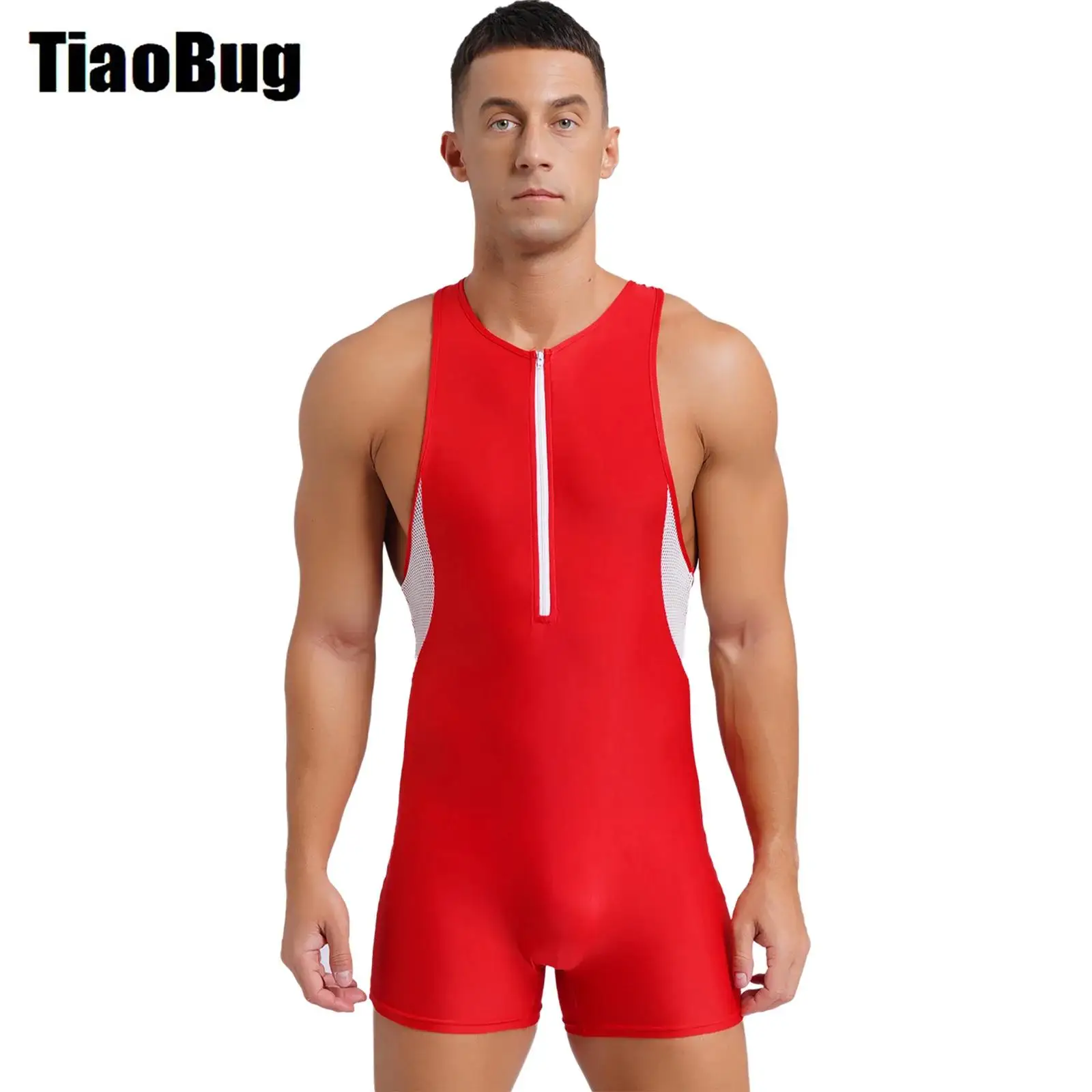 Mens Hollow Out Mesh Patchwork Swimsuit Zipper Jumpsuit Wrestling Singlet Sleeveless Bodysuit for Gymnastics Workout Swimming