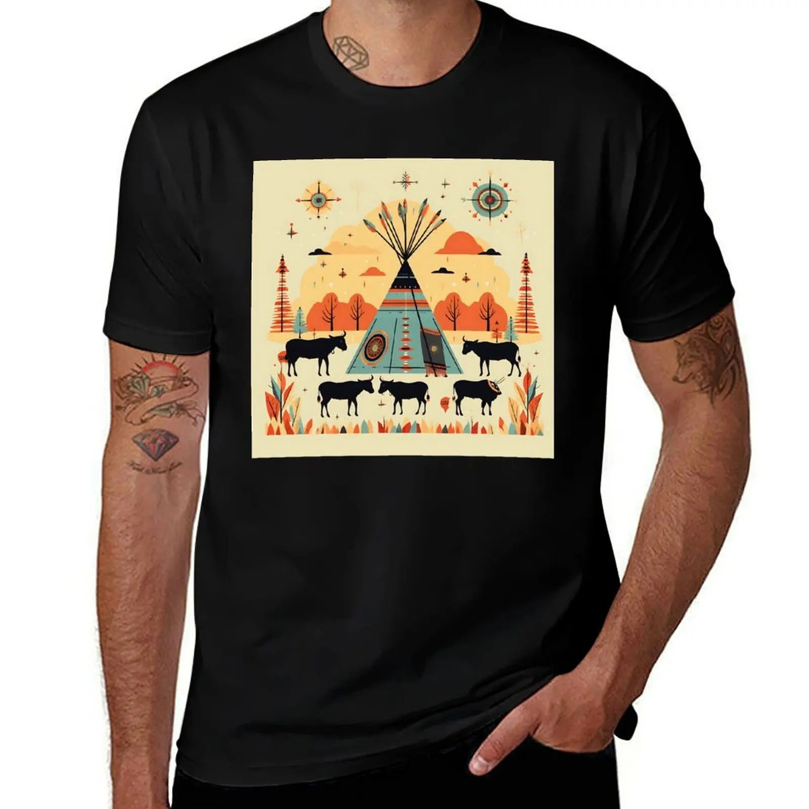 

Traditional Native American scene with teepees and buffalos – cultural vibrancy. T-Shirt anime mens graphic t-shirts anime