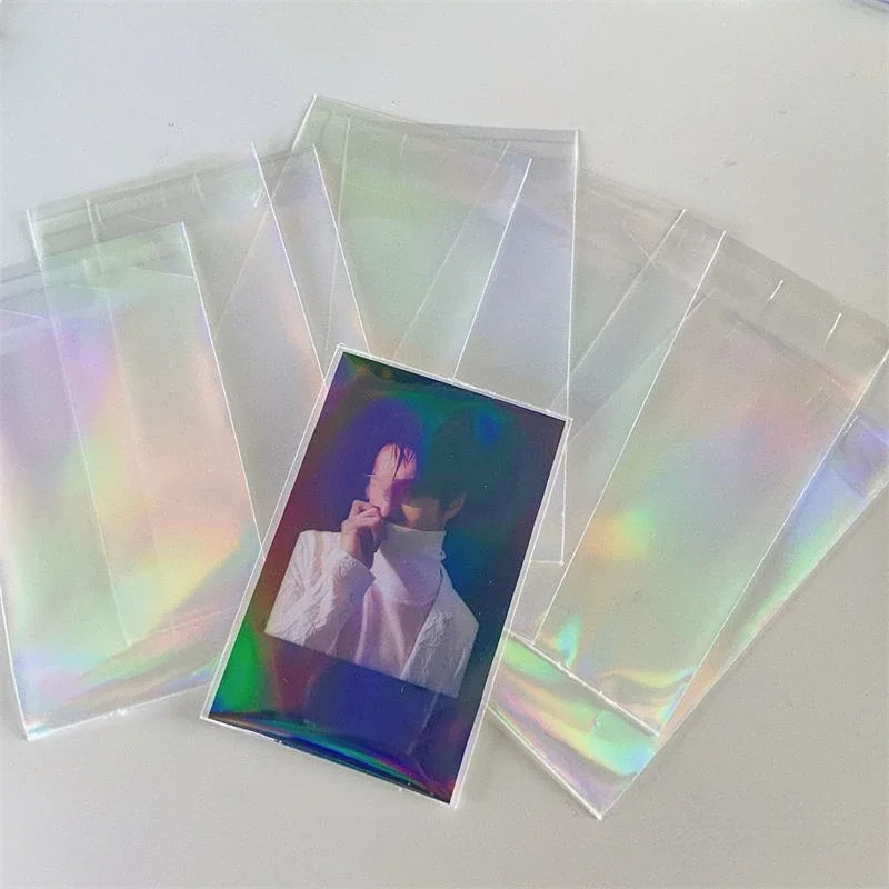 100pcs Kpop Photocard Holder Transparent Card Laser Clear Photo Cover Sleeves Adhesive Pocket Albums Idol Collection Protector