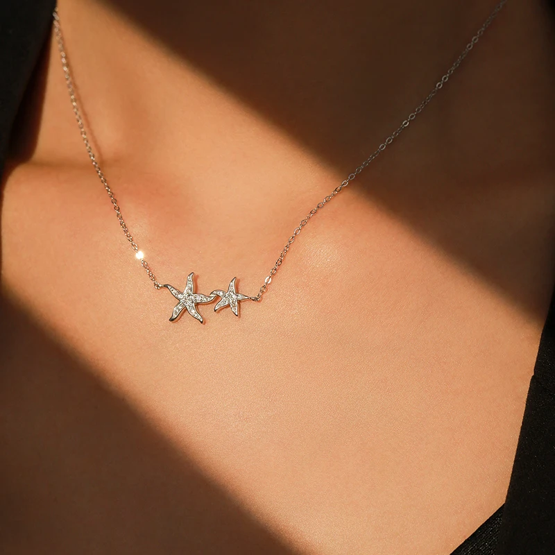 Ailmay 925 Sterling Silver Romantic Marine Life Starfish Zirconia Pendant Necklace For Women Wedding Engagement Jewelry Gifts