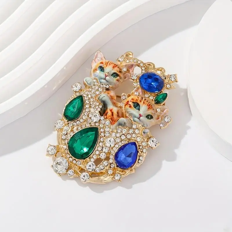 مجموعة بروش مجوهرات باروكية عتيقة مع تصميم قطة مزدوجة للنساء، زينة أنيقة من حجر الراين، ملابس يومية مثالية أو هدية