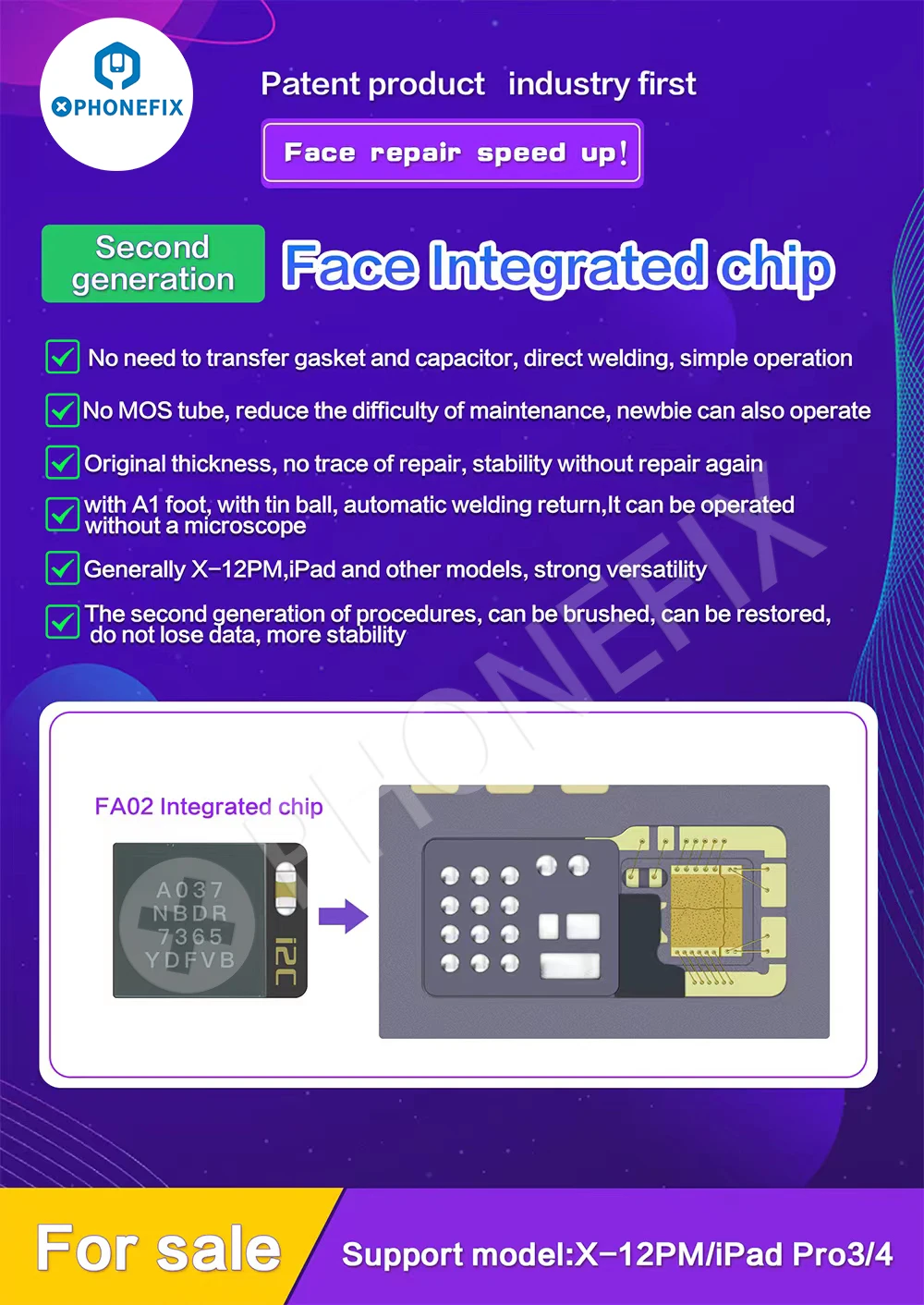 Chip I2C FA02 Face integrado, matriz de puntos, IC, para iPhone X-12 Pro Max, iPAD, reparación de identificación facial, No necesita junta de conversión y condensador