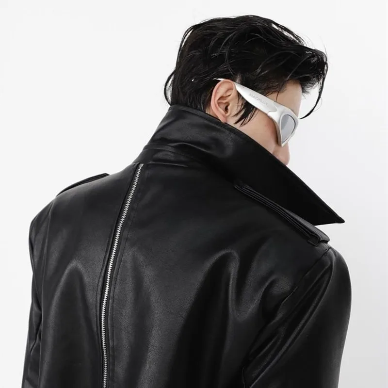 Small Niche PU Leather Coat Metal Zipper Double Layered Splicing Design, Windbreaker Over The Knee Jacket, Men's Top