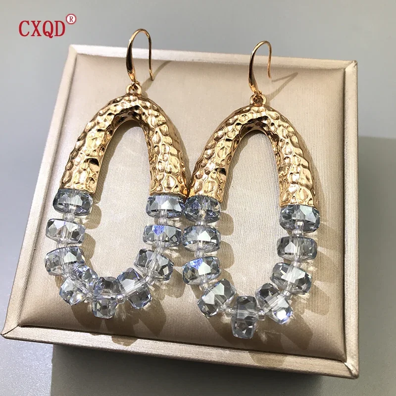 

Handmade Wheel Bead Glass Long Half Oval Earrings for Women Exaggerated Simple Geometric Metal Party Jewelry Gift Original