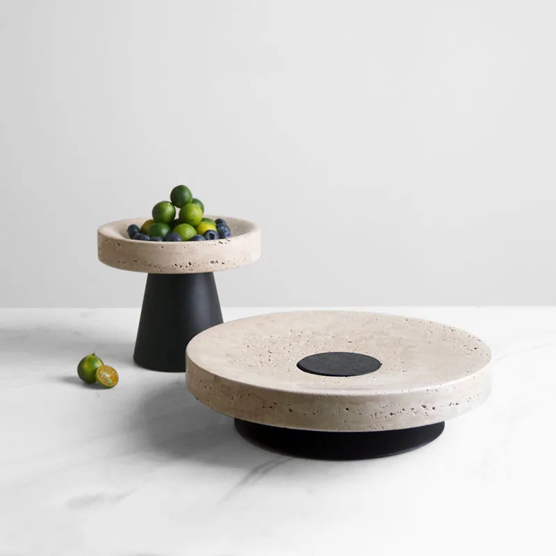 Creative Travertine Round Black Solid Wood Tall Bottom Tray Ornament Living Room Coffee Table Dining Table Fruit Plate Decor