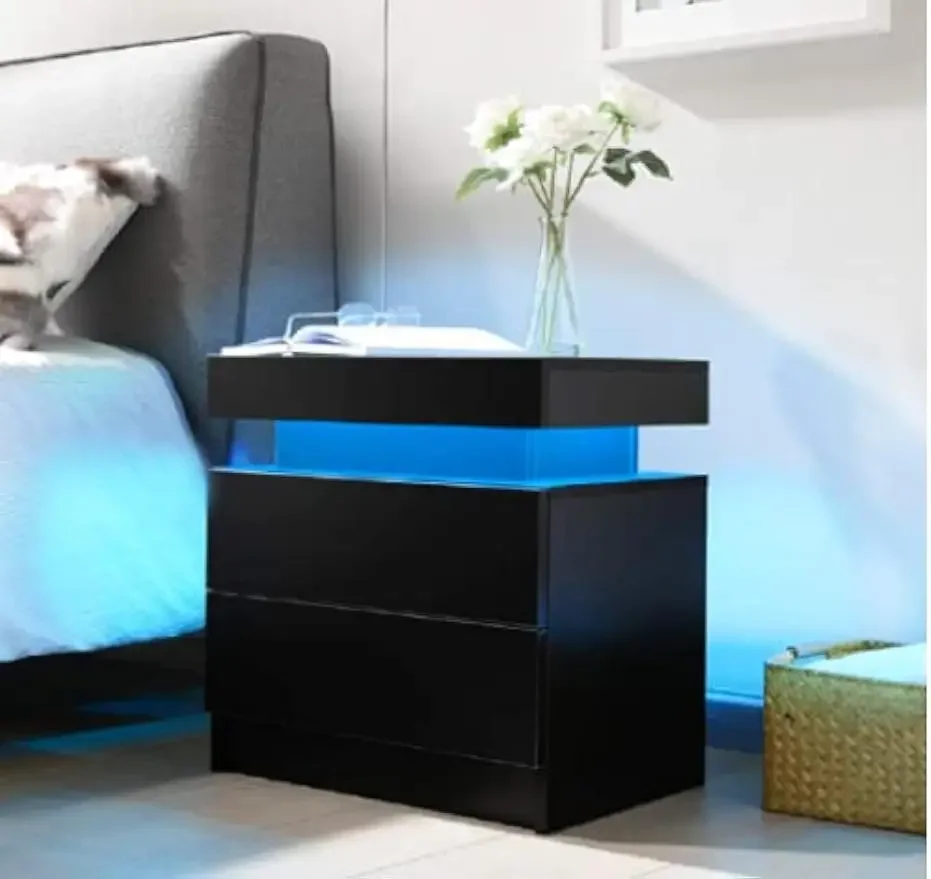 

Bedside Table with 2 Drawers, LED Nightstand Wooden Cabinet Unit with Lights for Bedroom, Living Room, Black