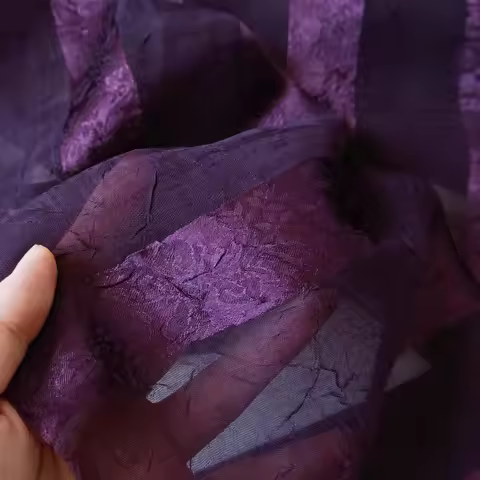 Deep Purple Stripe Jacquard Organza Fabric Crinkle Texture Hanfu Dress Material Spring Summer Designer Evening Gown Textile