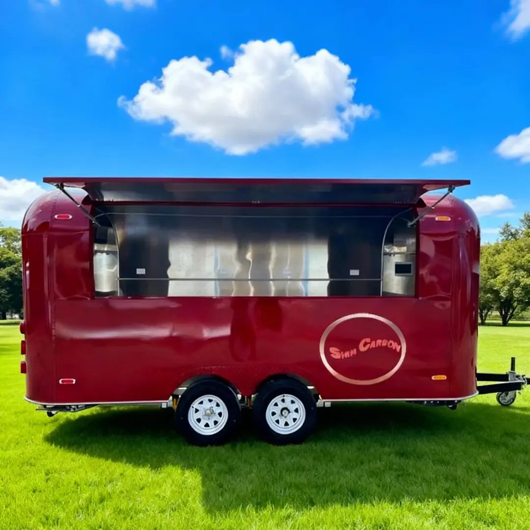 Outdoor Food Trailer Streamlined Body Bright Red Main Color White Wheel Hubs Sharp Contrast Catering Kitchen Trailers for Sale