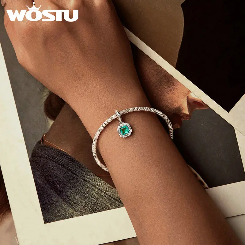 WOSTU 925 Sterling Silver Vintage Pink Heart Charm Square Green Mainstone Pendant Car Beads Fit Original Bracelet for Women DIY