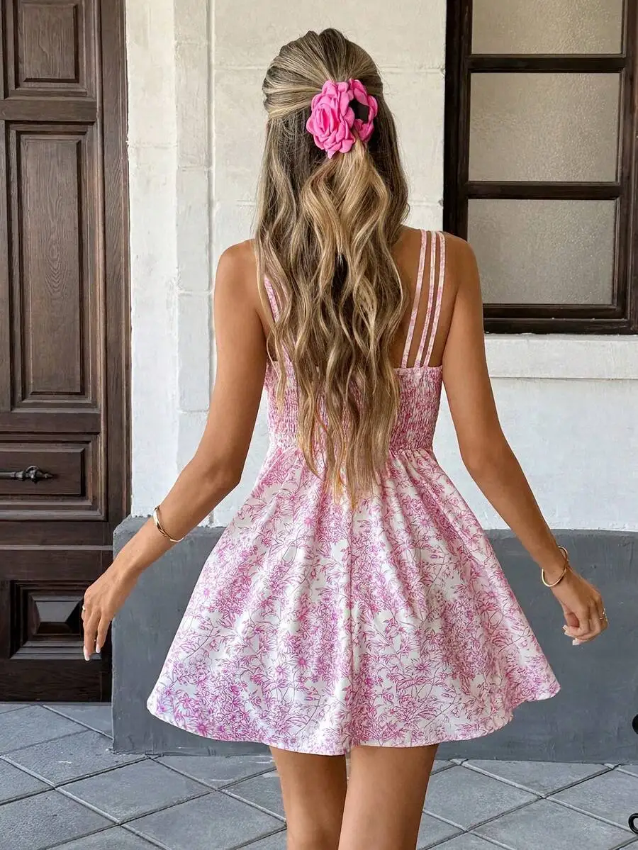 

Floral Print Double Thin Strap Smocked Back A-Line Short Dress For Women Summer Casual Sundress