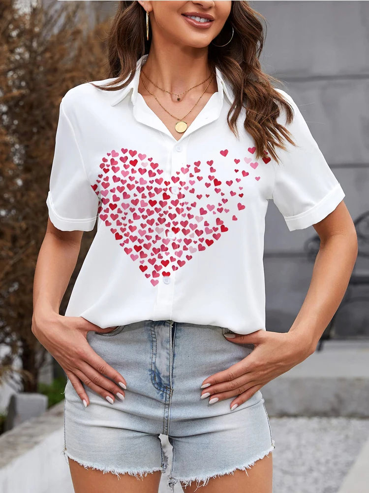 Summer Fashionable Women's Shirt Heart Shaped 3d Digital Printing Shirt Valentine's Day Street Loose Casual Short Sleeve Shirt