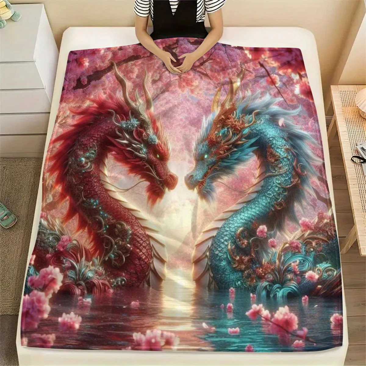 Red & Teal Oriental Dragon Flannel Throw Blanket Dual Facing Chinese Dragons Cherry Blossom Floral Water Reflection Fantasy Art
