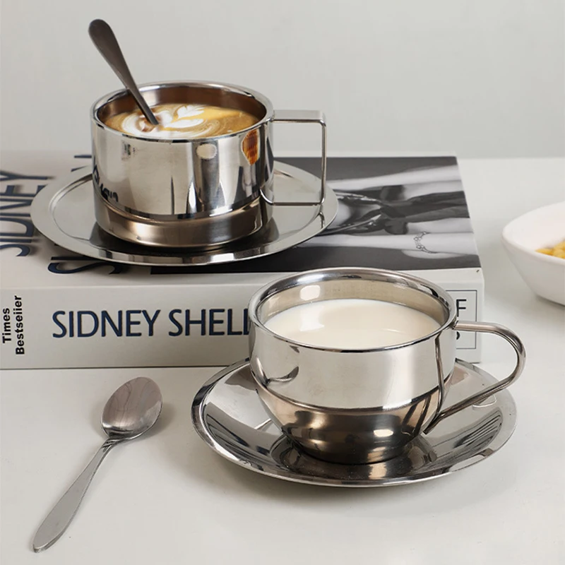

Stainless Steel Espresso Coffee Cups Set Pull Flower Coffee Mug Tea Cups Set Tea Set Milk Mug with Saucer Mat Spoon Accessories