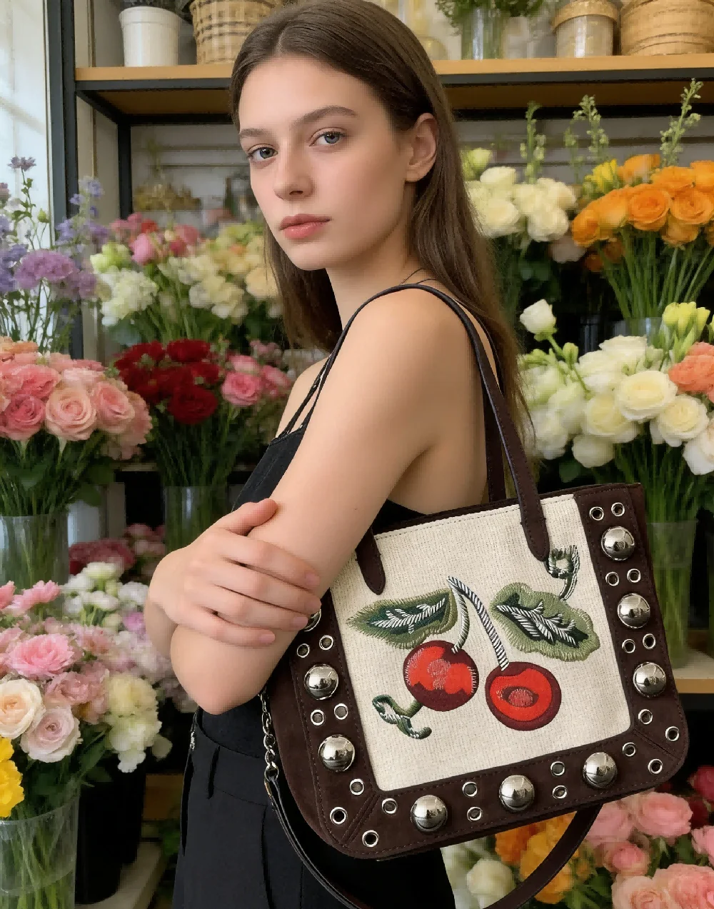 

Chic Beige and Brown Cherry Embroidered Genuine Leather Tote Bag for Women Fashion Handbag with Rivet Decoration Large Capacity