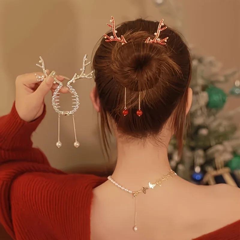 Rentierhorn-Haarnadel mit Strasssteinen, rotes Beeren-Detail, festlich, elegant, für Damen, Teenager, Weihnachtsfeier, Kopfbedeckung