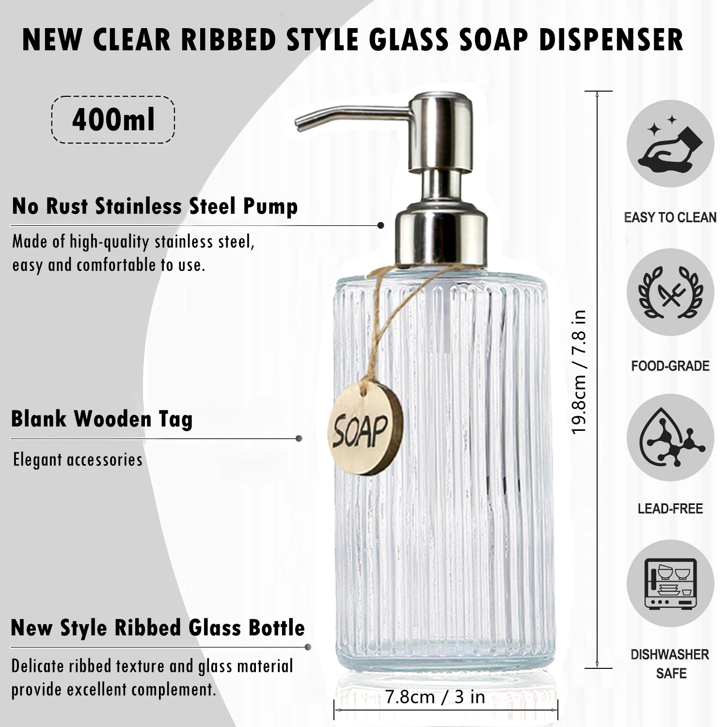 Glass Soap Dispenser with Rust Proof Pump, Refillable Empty Liquid Soap Bottle, Countertop Hand Soap Dispenser for Bathroom 2pcs