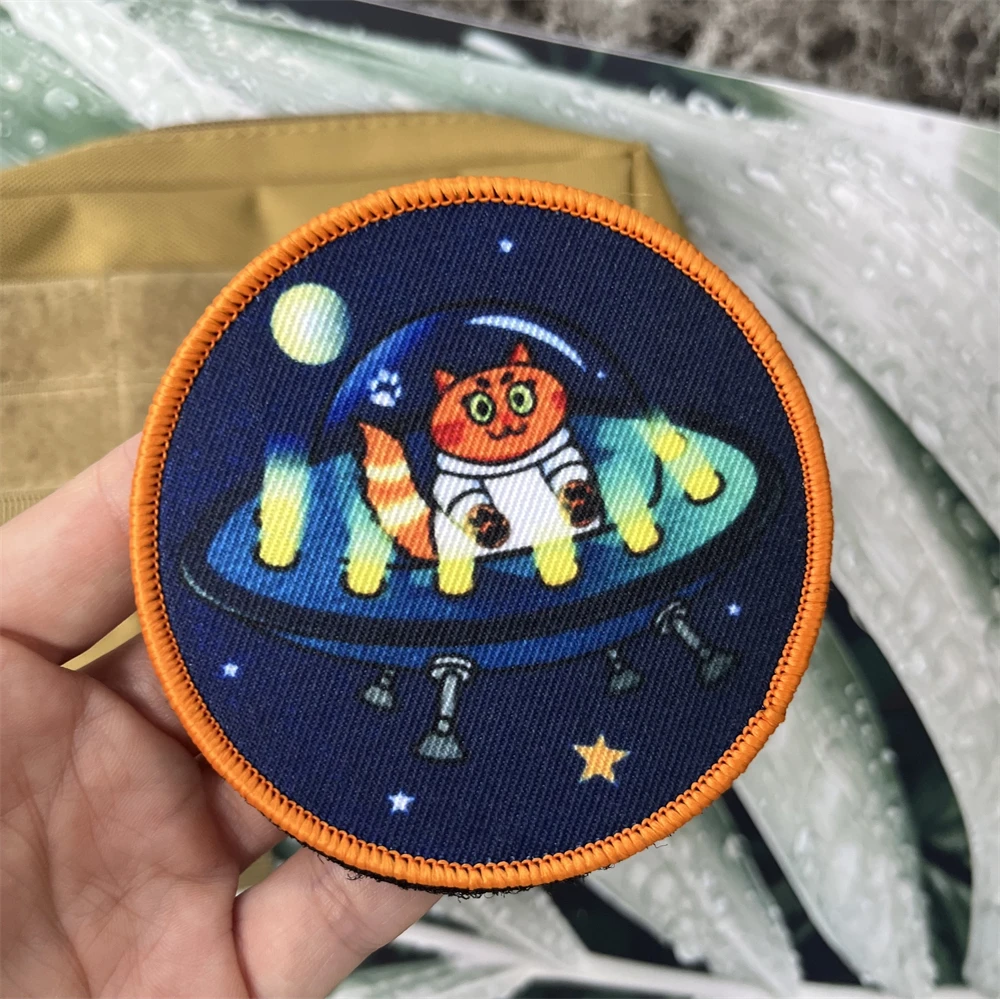 Siberian Vojvodina Cat Astronaut on UFO Chevron Military Badge Morale Printed Hook&Loop Patch Tactical Backpack Patches Stickers