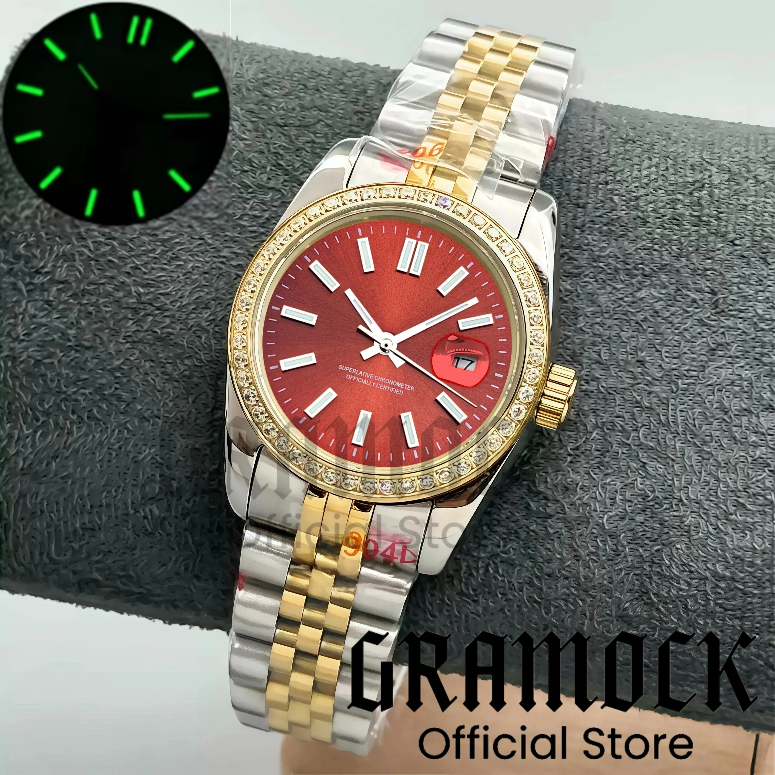 Gramock Women's NH05 Automatic Wristwatch Diamond Decorated 31mm Two Tone Gold Case Sapphire Glass Sunburst Dial Stick Index